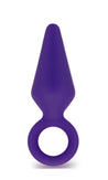 Medium purple butt plug with a tapered tip and slim neck. Features a reinforced ring at the base for safety. Additional images show alternate angles.