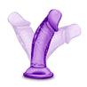 Translucent purple petite realistic dildo with rounded head that has a pronounced lip, an upwardly curved shaft with subtle veins, and a suction cup base. Additional images show alternate angles.
