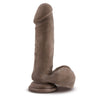 Chocolate skin tone ultra realistic dildo with a realistic head, many veins along the straight but flexible shaft and realistic balls. Suction cup base. Additional images show alternate angles.