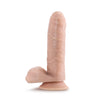 Vanilla skin tone realistic uncut dildo. Featuring a smooth rounded head covered partially by foreskin, veins along a straight but flexible shaft, and realistic balls. Suction cup base. Foreskin and rest of dildo are one piece, foreskin doesn't move or pull back. Additional images show alternate angles.
