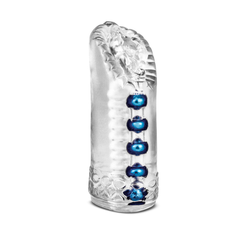 Translucent with vulva shaped opening, ribbed tunnel and 5 beads along the length of the shaft for added stimulation. Open on both ends. Additional images show alternate angles.