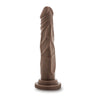 Chocolate skin tone realistic dildo with a tapered head for easy insertion. Features skin folds and veins along the straight but flexible shaft. Suction cup base. Additional images show alternate angles.