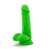 Neon green realistic dildo with a bulbous head, veins along the straight but flexible shaft, realistic balls, and a suction cup base. Additional images show alternate angles.