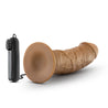 Mocha skin tone with subtle rounded head and veins along the shaft, which has a slight upward curve. Suction cup base. Twist dial on wired remote to adjust intensity. Additional images show alternate angles.