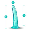Shows clear teal dildo without balls and a suction cup standing. Alternate photos show other angles. 