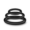 Set of 3 thin smooth black cock rings in three progressive sizes.  Additional images show alternate angles.