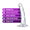 Shows clear dildo without balls and a suction cup standing. Alternate photos show other angles. 