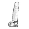 Clear realistic dildo. Small tapered head for easy insertion. Many veins along the slightly upwardly curved shaft. Realistic balls. Smooth flat base. Additional images show alternate angles.