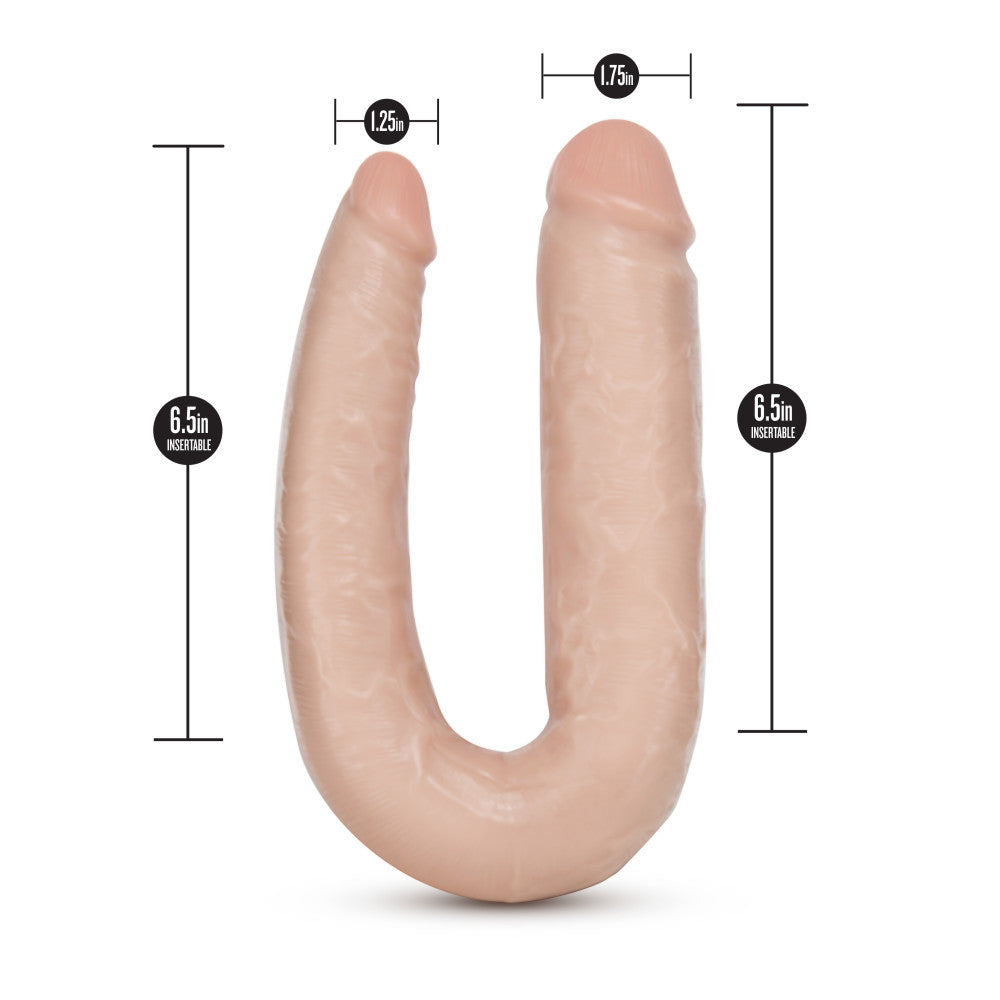 Vanilla skin tone double ended dildo with a realistic head on either end. Veins all along the U-shaped shaft that is very flexible. Additional images show alternate angles.
