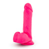 Hot pink realistic dildo. Featuring a rounded head with a pronounced lip, subtle veins along the straight shaft, and realistic balls. Suction cup base. Additional images show alternate angles.