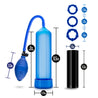 A 5 piece kit including a blue squeeze ball penis pump with blue transparent cylinder, pump sleeve, hose, and bulb. Also includes 3 blue stretchy beaded cock rings and a sleek black stroker that is open on both ends, has a smooth outside, and soft flexible nubs inside the canal for added stimulation. Additional images show alternate angles.