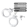 Thin silver metal handcuffs with quick release buttons on each cuff. Cuffs are connected to each other by a short metal chain. Each cuff has a swinging arm that is used to adjust tightness. Additional images show alternate angles.