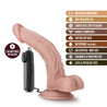Vanilla skin tone with pronounced head and many veins along the shaft, which has a pronounced upward curve, and plush balls. Suction cup base. Twist dial on wired remote to adjust intensity. Additional images show alternate angles.