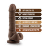Chocolate skin tone realistic dildo. Featuring a large bulbous head, veins that branch out horizontally along the straight but flexible shaft, realistic balls, and a suction cup base. Additional images show alternate angles.