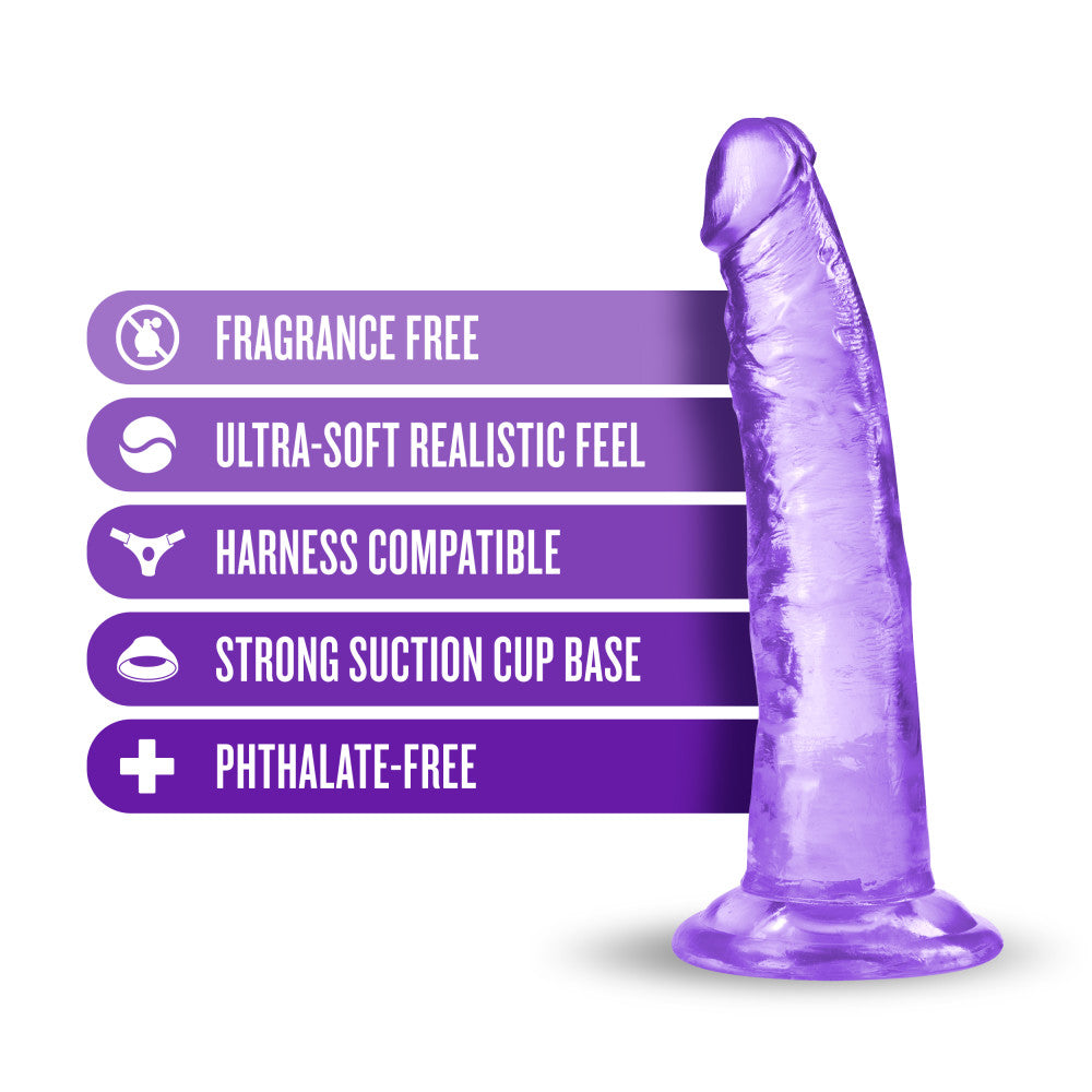 Shows clear purple dildo without balls and a suction cup standing. Alternate photos show other angles. 