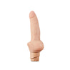 Vanilla skin tone vibrating dildo with ultra realistic shape. Thin shaft and thick bottom and a subtly defined tapered head and veins along the shaft. Thick bottom serves as flared base, making this toy safe for anal use. Twist dial on bottom to adjust intensity. Additional images show alternate angles.