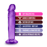 Translucent purple realistic dildo with a large bulbous head. Featuring skin folds under the head and very subtle veins on a straight shaft. Tapers to a slightly thinner diameter near the suction cup base.  Additional images show alternate angles.