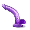 Translucent purple dildo with a realistic head and pronounced veins along the upwardly curved shaft. Suction cup base. Additional images show alternate angles.