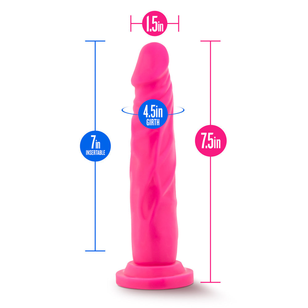 Neon pink realistic dildo with a tapered head for easy insertion, veins along the straight but flexible shaft, and a suction cup base. Additional images show alternate angles.