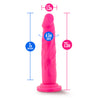 Neon pink realistic dildo with a tapered head for easy insertion, veins along the straight but flexible shaft, and a suction cup base. Additional images show alternate angles.