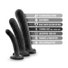 Set of three black non representational silicone dildos. Thin dildos with slightly tapered rounded tips and no pronounced heads. Three progressively sized pieces. Each has a consistent diameter all along the shaft, which has a subtle swirl texture. Slight upward curve. Heart shaped suction cup bases. Additional images show alternate angles.