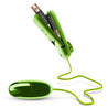 A smooth plastic lime green egg shaped bullet connected to a lime green plastic controller by a thin lime green cable. Twist dial on the controller to adjust intensity. Additional images show alternate angles.