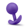 Spherical and bulbous purple butt plug with a slim neck and thin flared base for comfort and safety. This smooth silicone plug contains a weighted ball inside the spherical plug that moves around with the body's movement. Additional images show alternate angles.