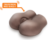 Chocolate skin tone, life sized stroker. Features realistic vulva and two openings, a vaginal opening and an anal opening. Ribbed inner tunnels.  Additional images show alternate angles.