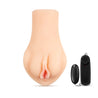 Vanilla skin tone stroker. Vulva shaped opening with a ribbed tunnel and removable wired vibrating bullet for added stimulation. Open on both ends. Additional images show alternate angles.