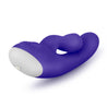 Vibrator has a slim and slightly curved shaft and a shorter broad and flexible external arm for clit stimulation. Two button control to adjust intensity.  Additional images show alternate angles.