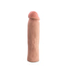 Vanilla skin tone hollow penis extender with a firm 1.75 inch tip to add length. Bulbous head is slightly tinted in a blush color for a lifelike look. Soft and smooth body. Additional images show alternate angles.