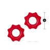 Set of two red stretchy cock rings. Gear shaped and flat on the interior of the rings to prevent rolling. Both rings are the same size. Additional images show alternate angles.