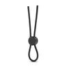 Black, lasso style, thin, rounded ring with a button slide for easy adjustment. Loop goes around the penis and the two loose ends and button can be moved around for comfort. Additional images show alternate angles.