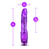 Translucent purple vibrating dildo. Slim tapered head with veins along the shaft and gentle ribs at base. Twist dial on bottom to adjust intensity. Additional images show alternate angles.