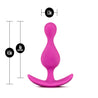 Pink butt plug, featuring a rounded but tapered tip that gets slimmer in the middle and leads to a second curve closer to the bottom. A slim neck and thin flared base for safe and comfortable wear. Additional images show alternate angles.
