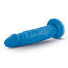 Neon blue realistic dildo with a tapered head for easy insertion, veins along the straight but flexible shaft, and a suction cup base. Additional images show alternate angles.
