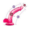 Translucent pink dildo with a realistic head and pronounced veins along the upwardly curved shaft. Suction cup base. Additional images show alternate angles.