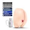 Vanilla flesh tone butt shaped stroker. Life sized butt with pink butterfly tattoo on the right cheek. Anal and vaginal opening with two ribbed tunnels. Removable wired bullet vibrator for added stimulation. Additional images show alternate angles.