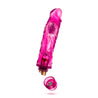 Glow in the dark pink realistic vibrating dildo. Defined head with skin folds under head and veins along straight shaft. Twist dial at bottom to adjust intensity. Additional images show alternate angles.