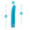 Blue semi realistic vibrating dildo. Pronounced curved head, smooth shaft with a subtle vein at the bottom of the shaft. Twist dial on bottom to adjust intensity. Additional images show alternate angles.