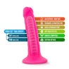 Neon pink realistic dildo with a petite head, veins along the slightly upwardly curved shaft, and a suction cup base. Additional images show alternate angles.