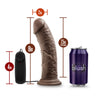 Chocolate skin tone with subtle rounded head and veins along the shaft, which has a slight upward curve. Suction cup base. Twist dial on wired remote to adjust intensity. Additional images show alternate angles.