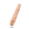 Vanilla skin tone vibrating dildo. Slim tapered head with veins along the shaft and wavy ribs at base. Twist dial on bottom to adjust intensity. Additional images show alternate angles.