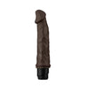 Chocolate skin tone vibrating dildo with curved head with veins along the slightly curved shaft. Twist dial on bottom to adjust intensity. Additional images show alternate angles.