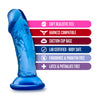 Translucent blue petite realistic dildo with rounded head that has a pronounced lip, an upwardly curved shaft with subtle veins, and a suction cup base. Additional images show alternate angles.