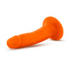 Neon orange realistic dildo with a petite head, veins along the slightly upwardly curved shaft, and a suction cup base. Additional images show alternate angles.