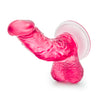 Translucent pink dildo with a realistic head and pronounced veins along the upwardly curved shaft. Suction cup base. Additional images show alternate angles.