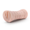 Vanilla skin tone stroker with a vulva shaped opening. Features gentle grooves on the outside for a secure grip. Ribbed internal canal for added stimulation.  Additional images show alternate angles.