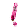 Translucent pink vibrating dildo, realistic shape with a defined head, subtle ridges below the head, and veins along the shaft. Silver bullet motor just below the head. Twist dial on bottom to adjust intensity. Additional images show alternate angles.