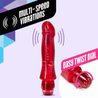 Red vibrator. Petite size, pronounced head, variable intensities controlled by twist dial. Additional images show alternate angles.